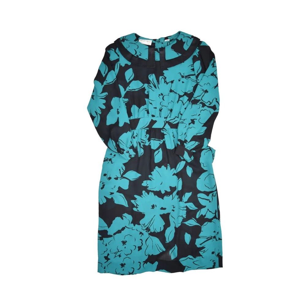 Albert Nipon Executive Dress Womens 10 Blue Black Floral Long Sleeve Vintage